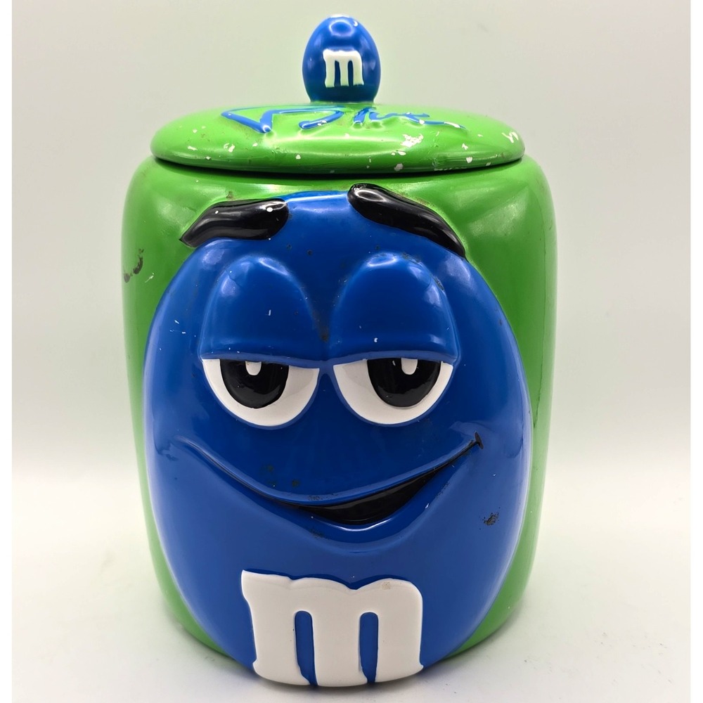 Galerie M&M's Blue Character Green Ceramic Cookie Jar w/Lid Vintage 7" x 5.5"